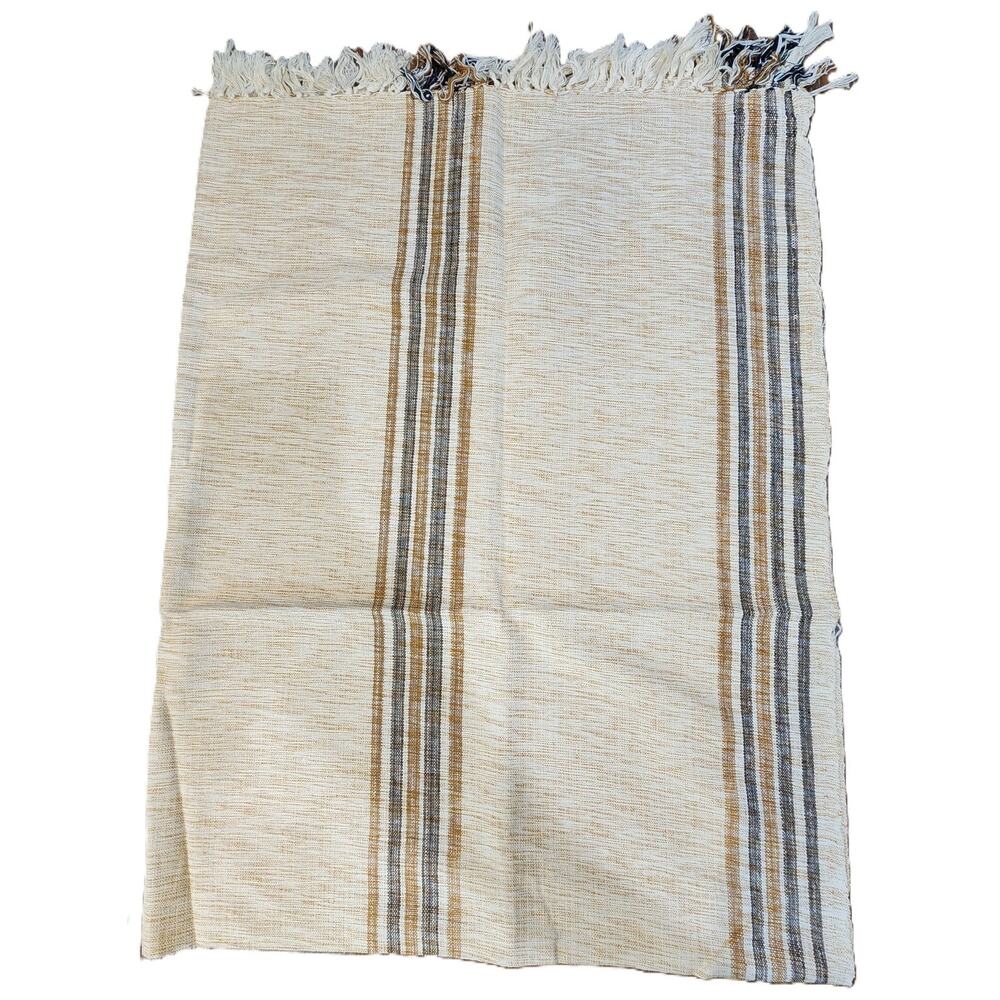 Mid-Century Modern Linen Tablecloth 41" x 56" Beige w/Brown Stripes Tasseled